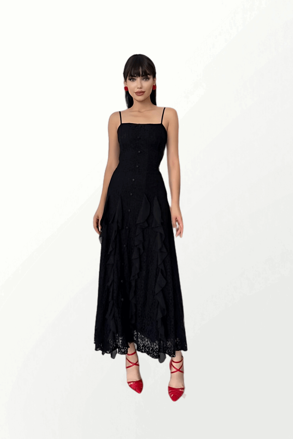 STRAP LACE DRESS WITH FLOUNCE SKIRT
