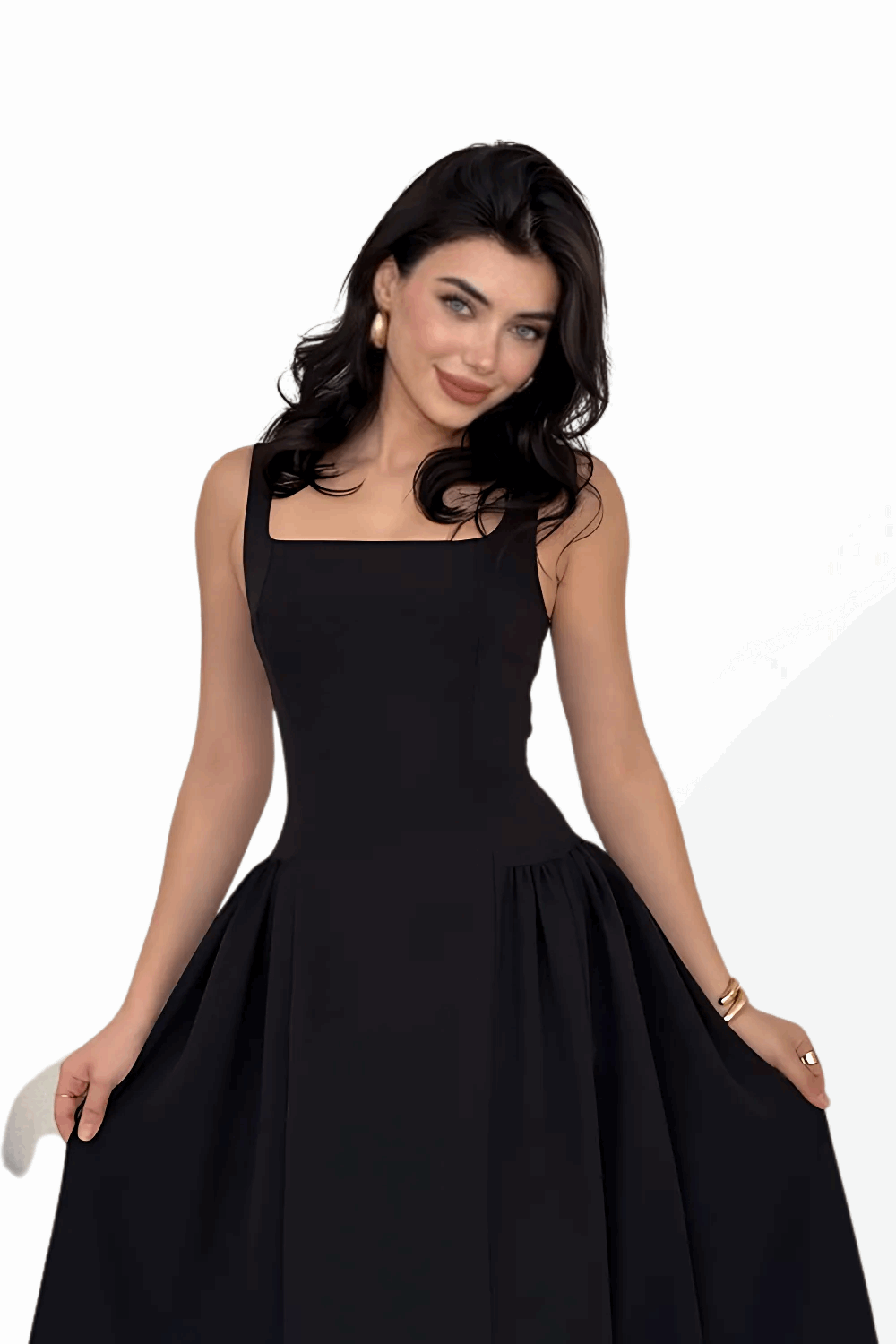 SQUARE NECK DRESS WITH BASQUE SKIRT